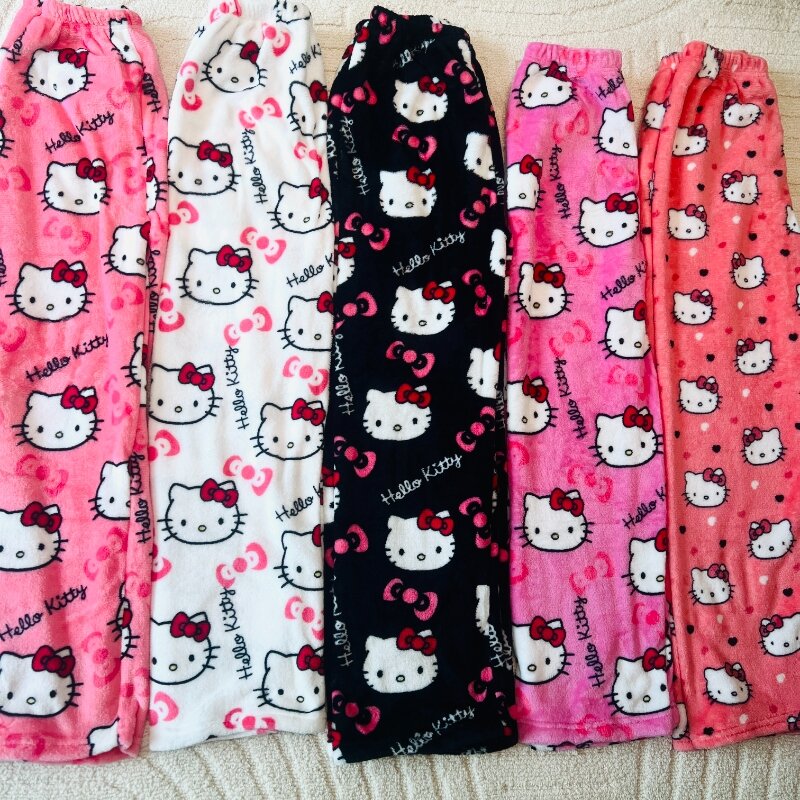 Sanrio-pantalones de pijama de Hello Kitty para mujer, ropa de franela de Anime, de lana cálida, informal, de dibujos animados, color blanco y negro, para el hogar, otoño
