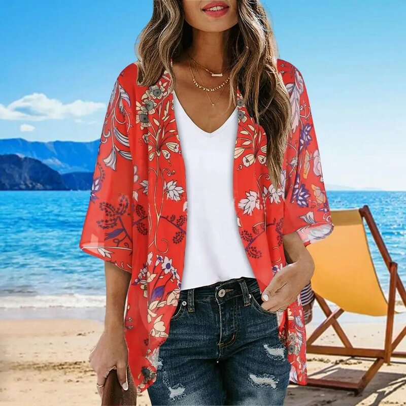 Camisa de praia feminina com estampa de flores, camisa manga curta, ponto aberto, fina respirável, proteção solar, anti-uv, solta, para senhora