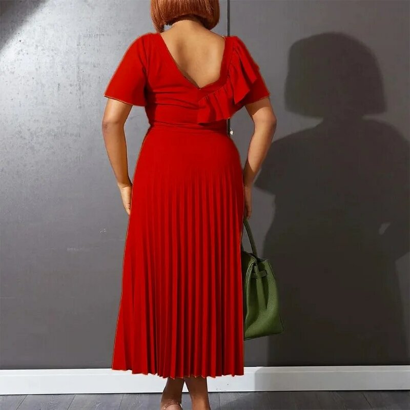 Gaun merah Afrika untuk wanita elegan Afrika lengan pendek leher V pesta makan malam gaun Maxi panjang Dashiki Afrika pakaian