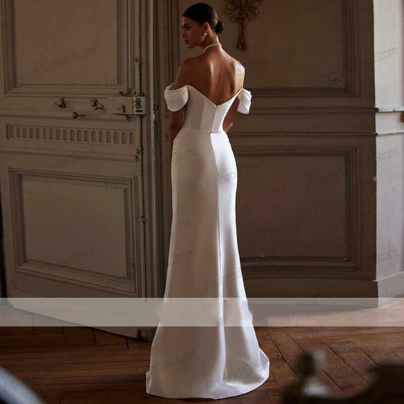 Proste suknie ślubne eleganckie satynowe suknie ślubne z dekoltu na ramiona syrenka długość podłogi bez pleców Vestidos De Novia