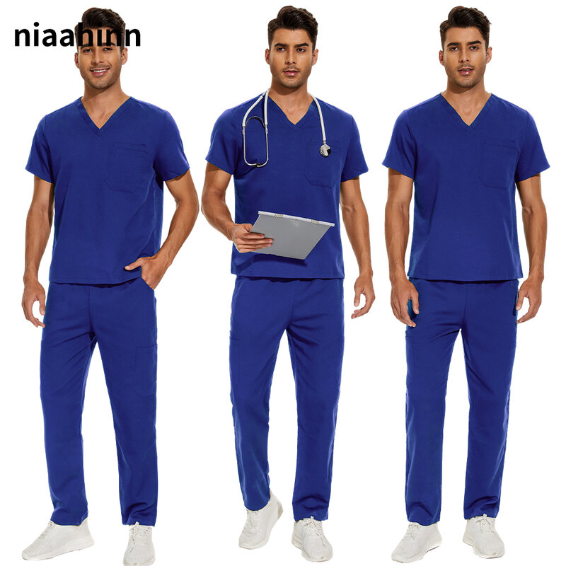 Short Sleeve Mens Scrub Uniforms Doctor Overcoats Dentist Set Medical Tops Pants Man or Women Nurse Work Wear Lab Pharmacy Gown