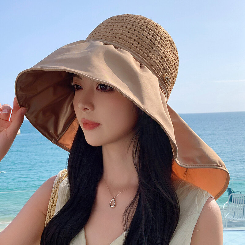 Topi Bucket wanita, topi musim panas dengan syal ringan bersirkulasi perlindungan leher wajah topi matahari luar ruangan pinggiran besar bepergian pantai