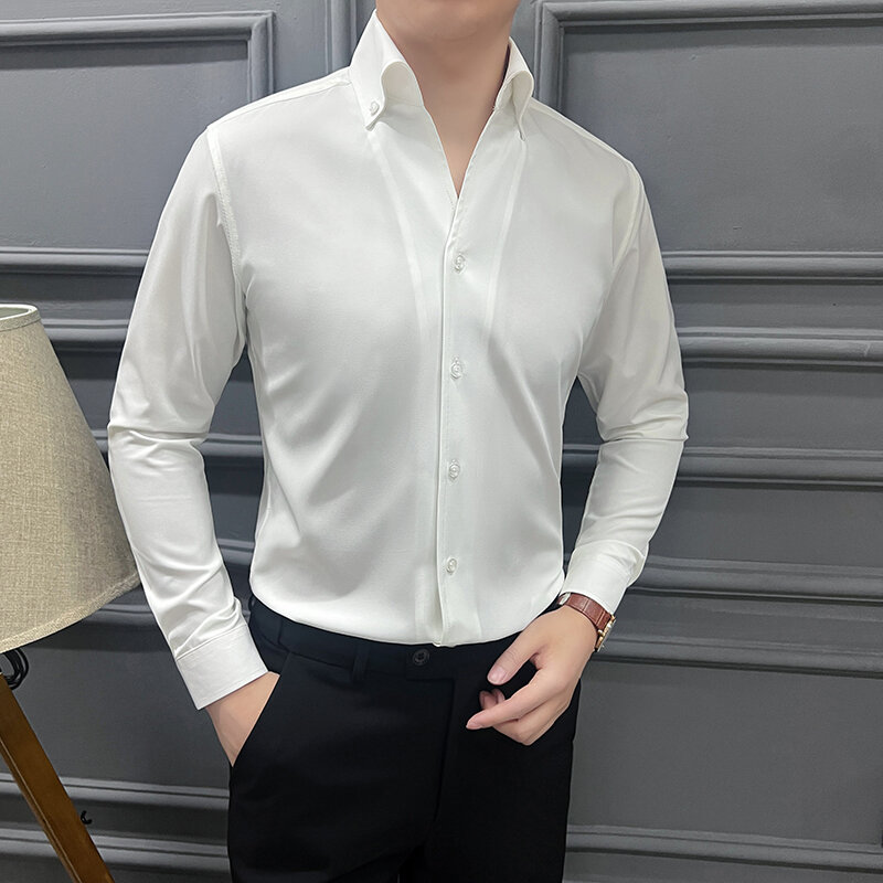 Merek pakaian pria musim panas kualitas tinggi lengan panjang kemeja pria Slim Fit mode bisnis baju kantor kemeja 3XL-M