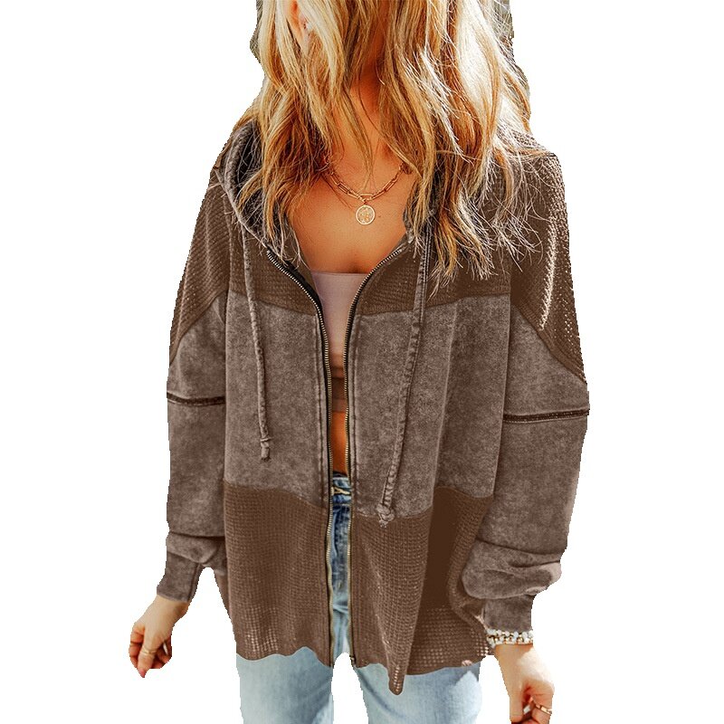 Personalized Color Matching Hooded Jacket For Women's Autumn New Washed Waffle Drawstring Long Sleeved Top Women