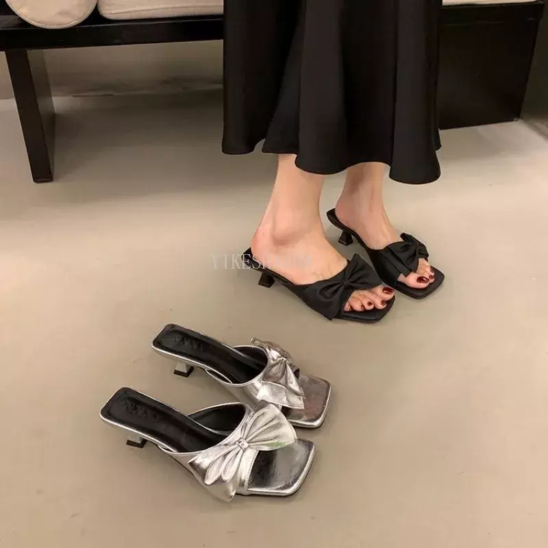 2024 Summer Sexy Slippers Women Heel Bow High Heeled Sandal Drag Out Comfortable Casual Women's Shoes High Heels
