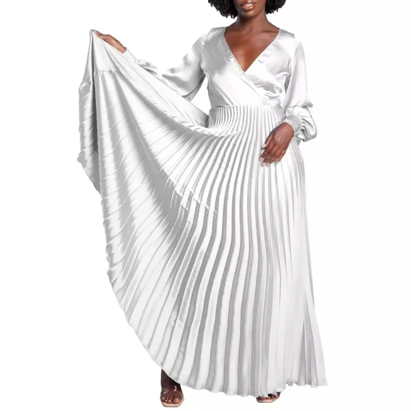 African Party Evening Dresses for Women Spring 2024 Elegant African Long Sleeve V-neck Pleat Maxi Dress Dashiki Africa Clothing