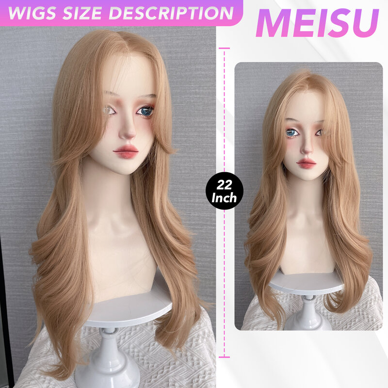 Meisu 22 Inch Blonde T Part Lace Pruiken Krullend Pruiken Vezel Synthetische Hittebestendige Natuurlijke Gladde Realistische Pruiken Feest Voor Vrouwen