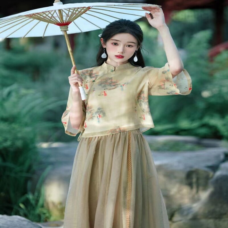 New Chinese Style Retro Literary Half Skirt Tang Suit Two-Piece Set With Improved Chinese Style Zen Tea Suit Daily Women's Set