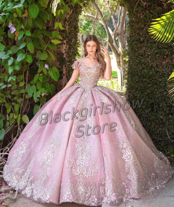Pink Quinceanera Dresses Luxury Dreamy Glitter Crystal Applique Tulle Fairytale Wedding Birthday Evening Party Dresses