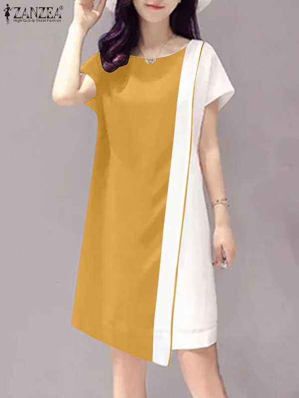 ZANZEA-Mini vestido assimétrico monocromático de manga curta feminino, vestido de verão casual, veste de costura vintage, colorblock, moda verão