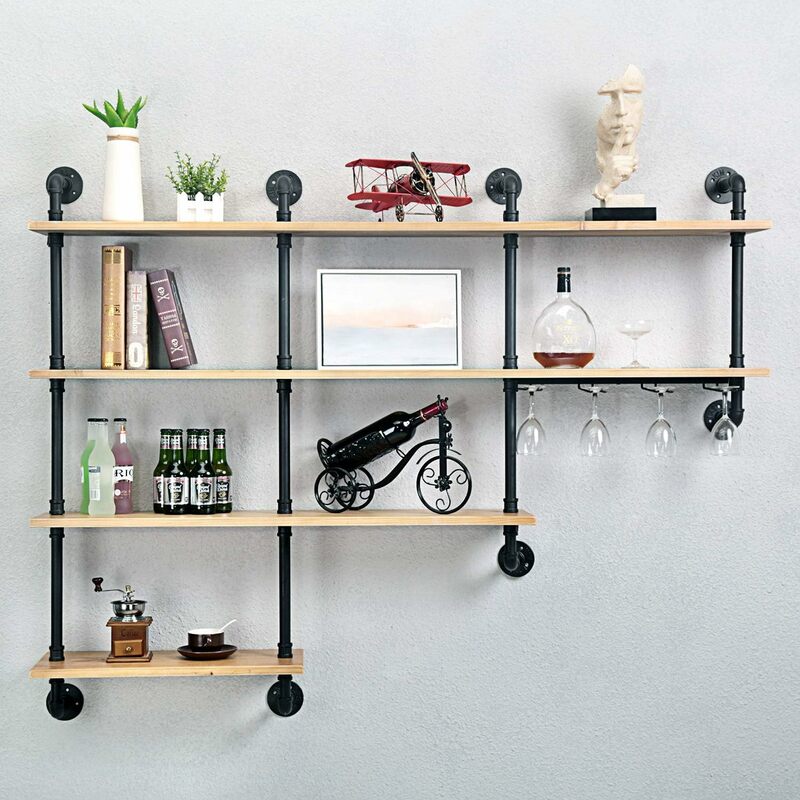 4-Tiers 63inch Industrial Pipe Shelving,Rustic Wooden&Metal Floating Shelves,Home Decor Shelves Wall Mount with Wine Rack,Black