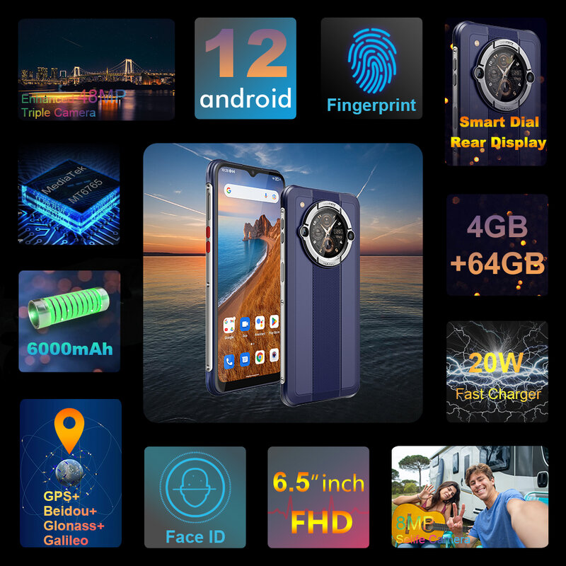 Unihertz Tick Tock E 6000MAh Pin 6.5 "Màn Hình Điện Thoại Thông Minh Android 12 Mở Khóa 4GB 64GB 20W sạc Nhanh Đôi Màn Hình Điện Thoại Di Động