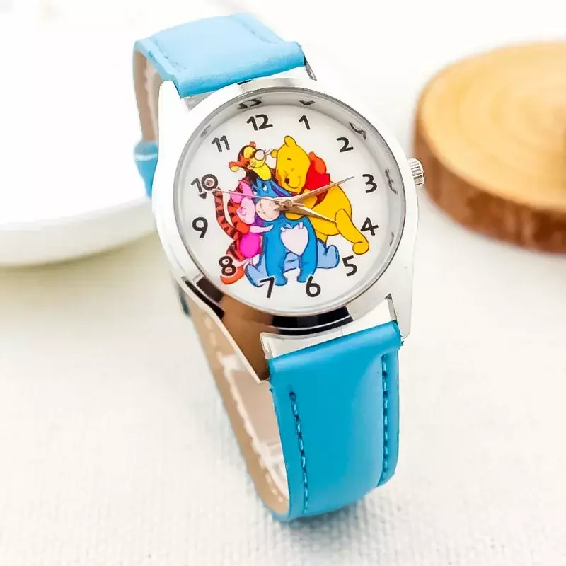 Disney kubuś puchatek niedźwiedź tygrysek Piggy Pi Jie Yi Er zegarek dziecięcy skórzany pasek do zegarka dla dzieci szklany tarcza do zegarka prezent dla dziecka