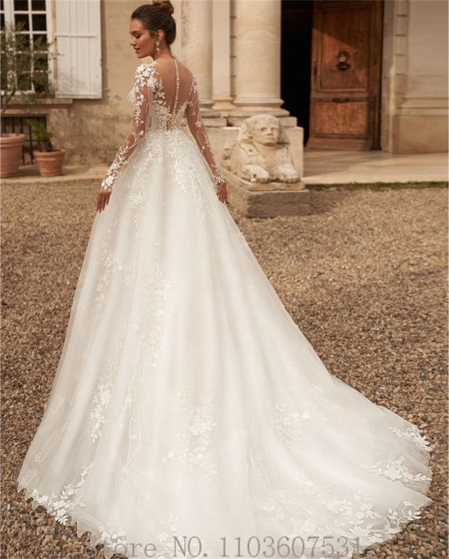 Vestido de novia de encaje de tul con apliques florales, cuello transparente, corte de línea a, manga larga de ilusión, vestido de novia