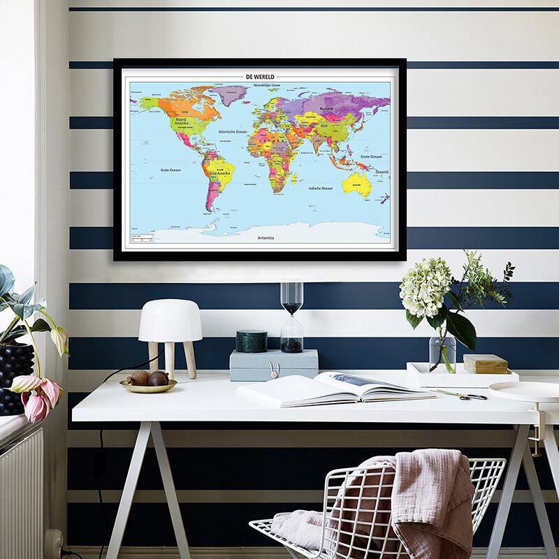 The Wold Political Map In Dutch 84*59cm Wall Art Poster Eoc-friendly Canvas Painting School Supplies Living Room Home Decoration