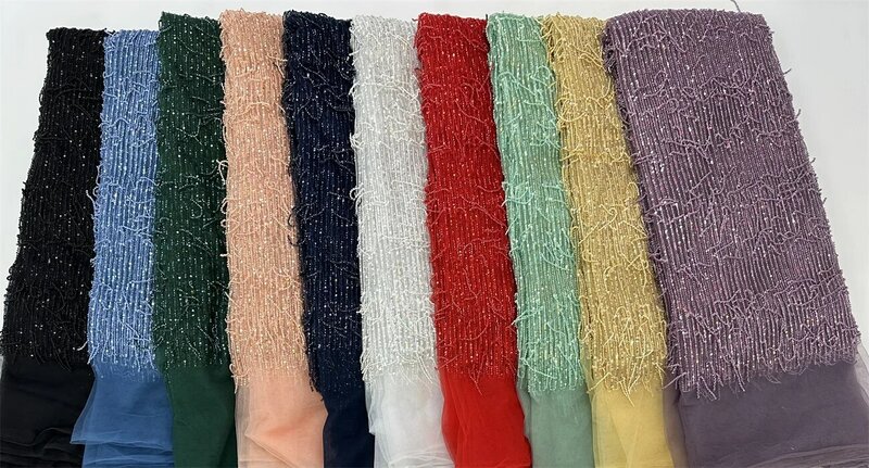 Tecido de renda frisada africano para vestido de casamento, lantejoulas nigerianas tule, tecido do noivo, luxo francês 3D grânulos, alta qualidade, 2024