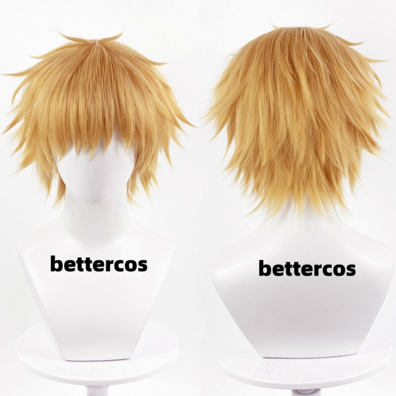 Wig Cosplay Denji kualitas tinggi rambut sintetis tahan panas pendek emas Wig Cosplay Anime Halloween + topi Wig