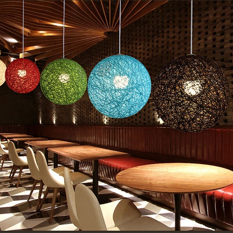 2 Pcs Bamboo, Rattan And Hemp Ball Chandelier Individual Creativity Spherical Rattan Nest Lampshade - Red & Coffee