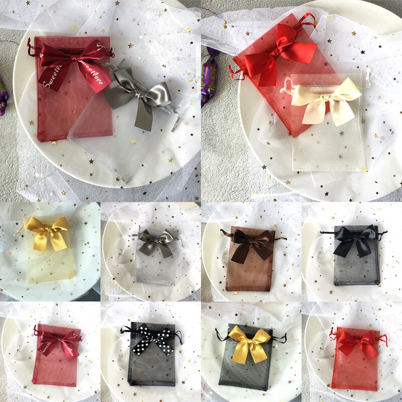 10 pçs saco de embalagem de jóias malha organza cordão bowknot pérola fios sacos doces presentes de casamento saco de armazenamento malotes nova moda
