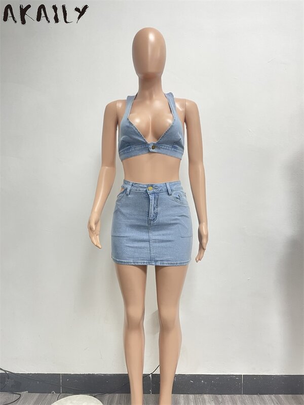 Akaily летняя уличная одежда джинсовый комплект из 2 предметов Клубная одежда для женщин 2024 сексуальный топ на бретельках с открытой спиной и юбка подходящие комплекты