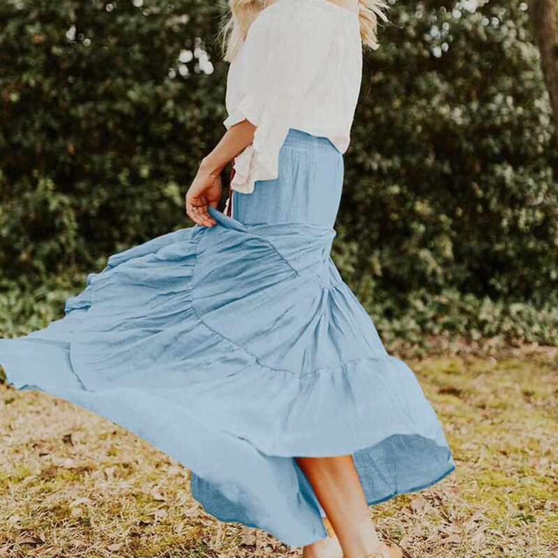Women'S Solid Maxi Skirt Pleated High Waist Elastic A Line Skirts Casual Drawstring Ruched Long Skirt For Women Elegant Summer