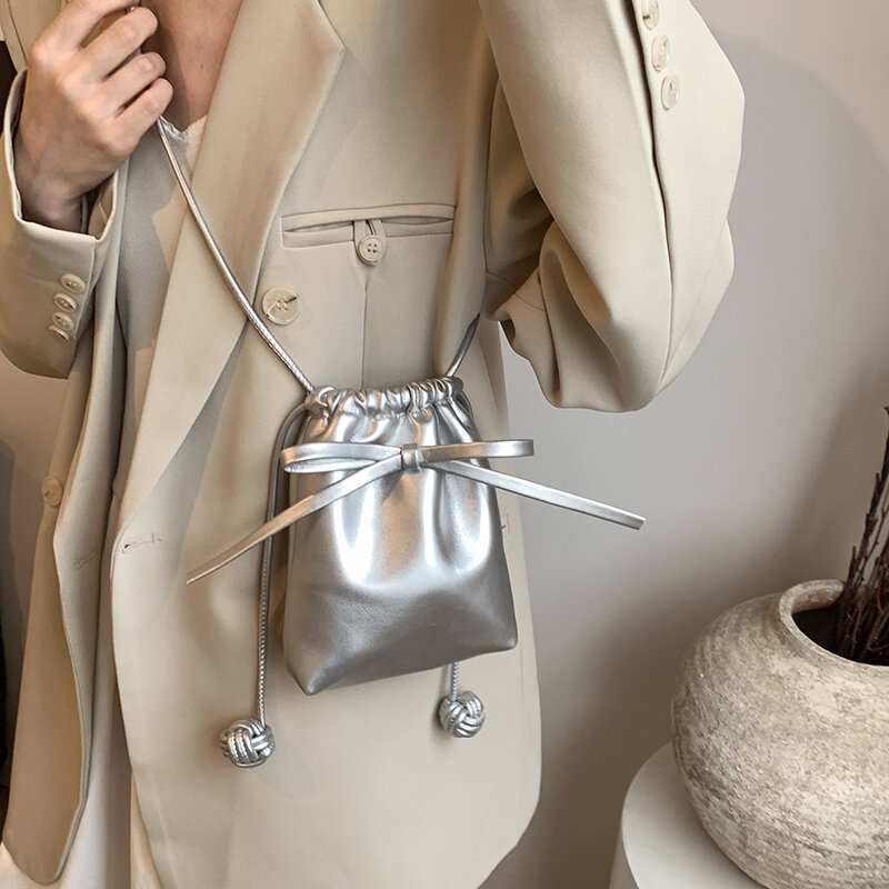 Pu Leather Silver Mini Shoulder Bags for Women 2024 Y2K Designer Korean Fashion Handbags and Purses Trend Crossbody Bucket Bag