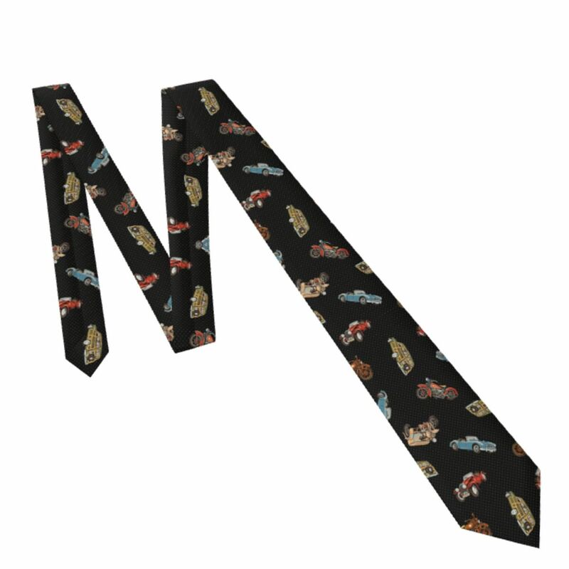 Mens Tie Slim Skinny Old Car And Motorcycle Pattern Necktie Fashion Free Style Tie for Party Wedding