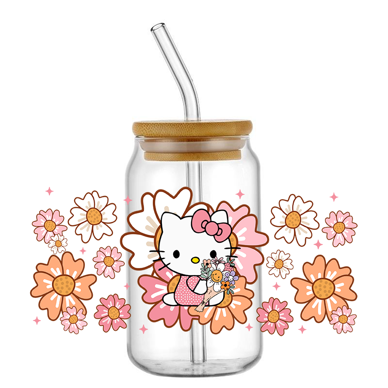 Miniso stiker Transfer bungkus cangkir DTF UV 16OZ kartun Hello Cat untuk Kaca Libbey Can botol Selfadhesive dapat dicuci DIY sesuai pesanan