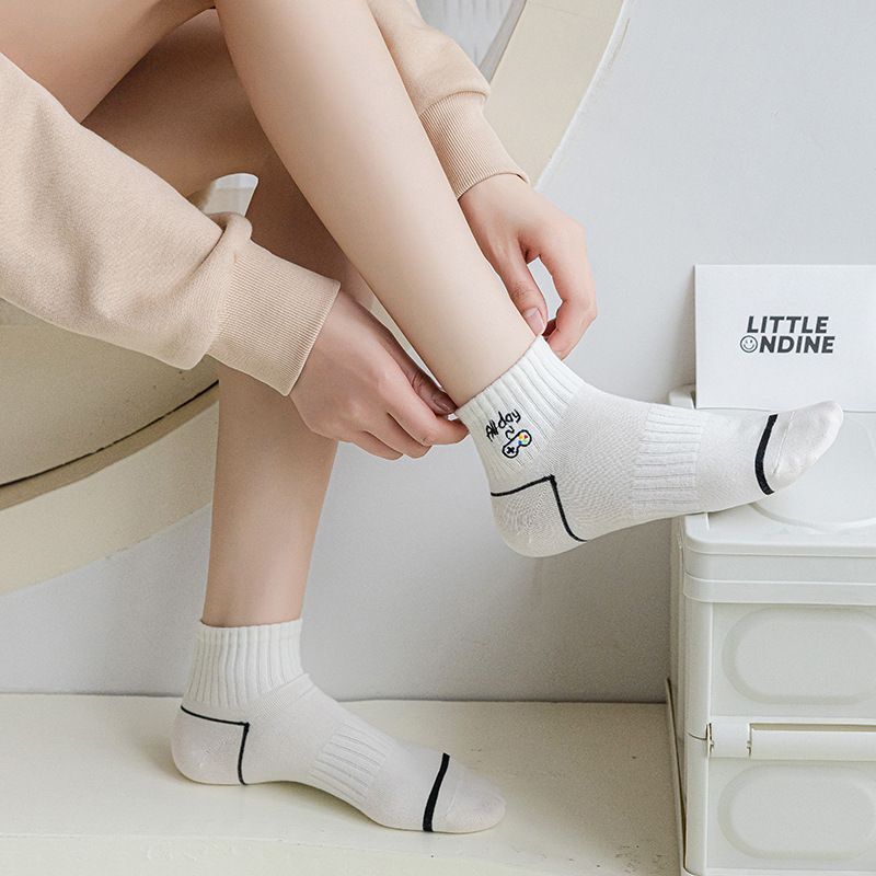 Women's Socks White Embroidery Cotton Summer Middle Barrel Stockings Cartoon Smiling Face Letter Leisure Sport Spring Sock