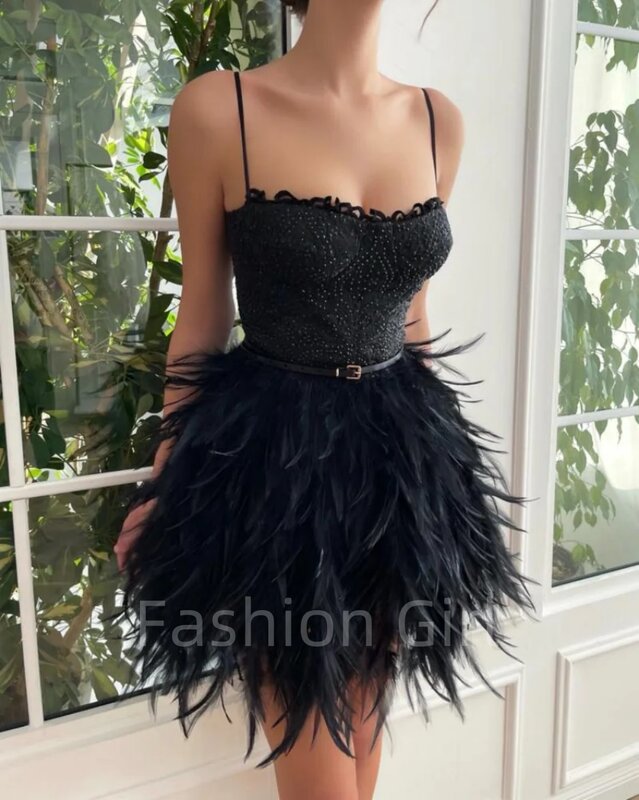 Custom Sexy Black Tulle Feather Beading Backless Mini Spaghetti Straps Above Knee Prom Dress Evening Dress Bridesmaid Dress