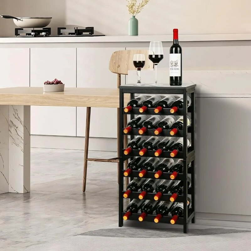 6-Tier Display Wine Storage Shelves with Table Top, 24-Botttle Bamboo Wine Rack Shelf for Kitchen Bar Dining Room Living Room