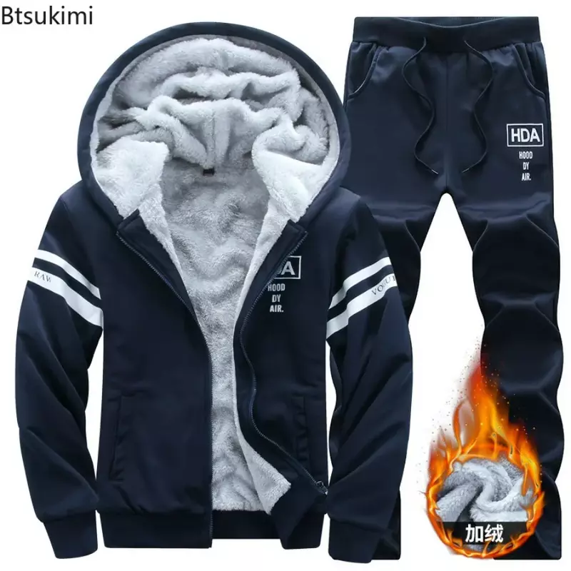 2024 Men's Thicken Warm Tracksuit Set Cardigan Fleece Hood Jacket+Pants Sweatshirts Male 2 Piece Sets Hoodies Suit Coat Big Size