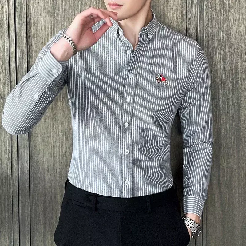 High Quality Men's Fashion Long Sleeved Oxford Shirt Casual Striped Slim Fit Business Formal Dress Shirt