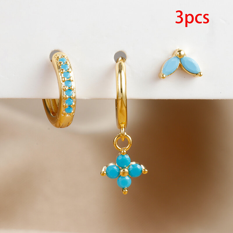 3PCS Exquisite Green Zircon Hanging Earrings Set for Women Stainless Steel Flower Dangle Earring Cartilage Piercing Jewelry