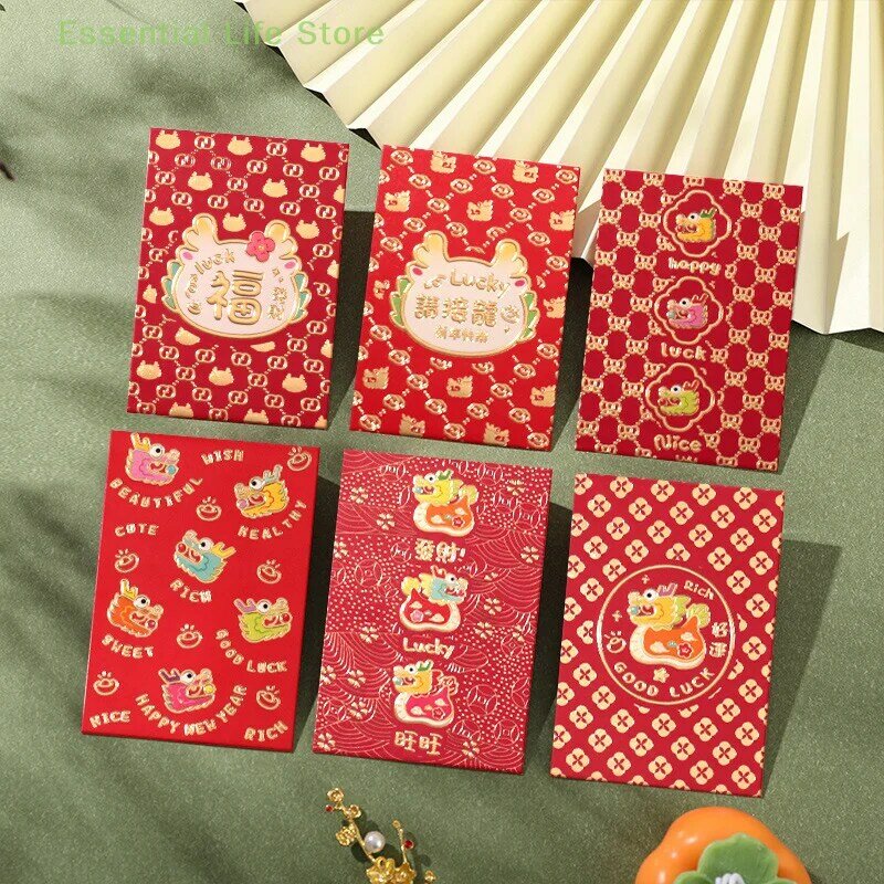 Sobres Rojos del Año del dragón, bolsa de dinero de la suerte, paquete rojo de bolsillo, decoración de Año Nuevo Chino, 6 piezas, 2024