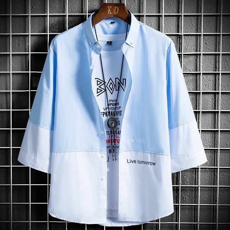 Elegante moda Harajuku Slim Fit Ropa Hombre sciolto Casual tutto abbinato capispalla colletto a punta stampato bottone manica corta Blusa