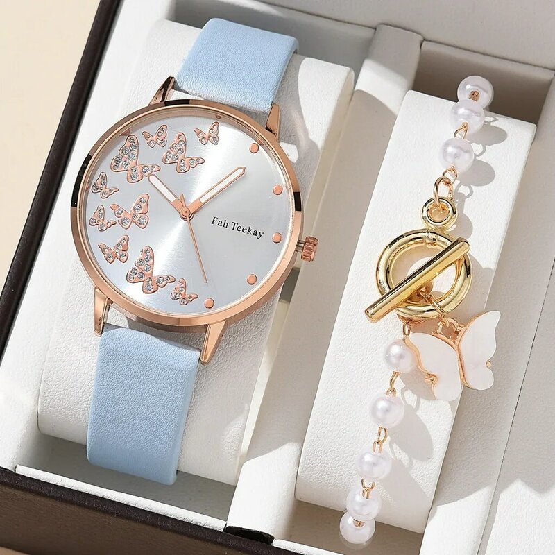 Conjunto de 2 piezas de relojes de mariposa para mujer, reloj de pulsera con cinturón de cuero, informal, sencillo, a la moda, para regalo, sin caja