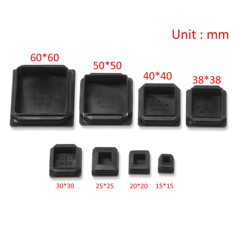 Embout obturateur carré en plastique noir, bouchon d'insertion de tube, bonde 15x15 ~ 60x60mm, 10 pièces