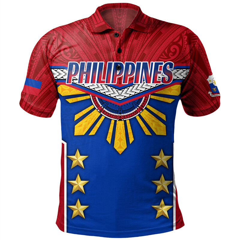 남성용 필리핀 국기 폴로 셔츠, 3D 프린트 단추 폴로 셔츠, 스트리트 캐주얼 루즈 반팔, 여름 하와이 상의 티