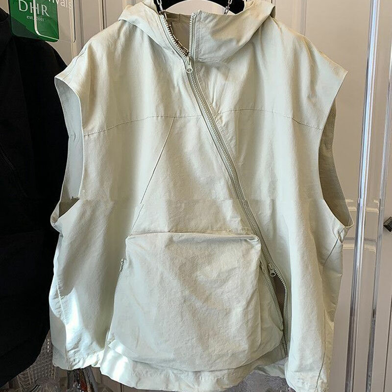 비대칭 지퍼 코트 조끼, 기본 통근 주머니, 스플라이스 재킷, 여름 민소매, 단색 여성 의류