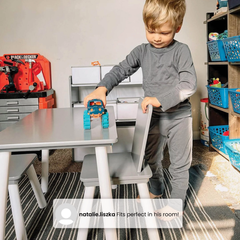 4-częściowy zestaw zabaw dla dzieci-zawiera stół do zabawy z łatwe wymazywanie blatem i 6 organizerem na zabawki na śmieci, szaro-biały