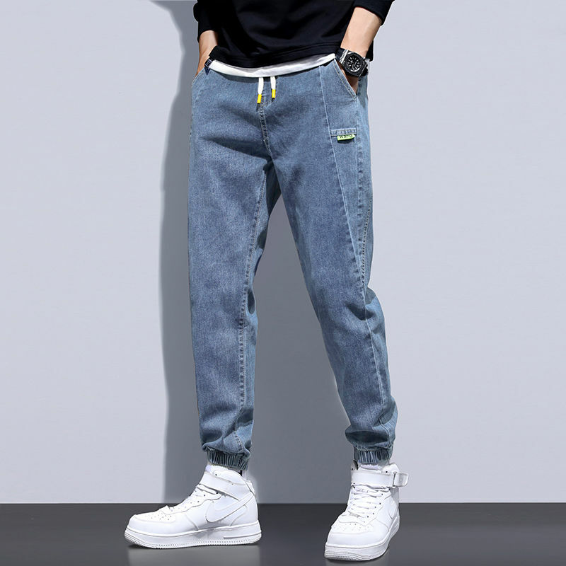 Мужские свободные джинсы на завязках, спортивные шаровары в стиле бойфренда с эластичным поясом, повседневные брюки для работы, весна-осень 2023