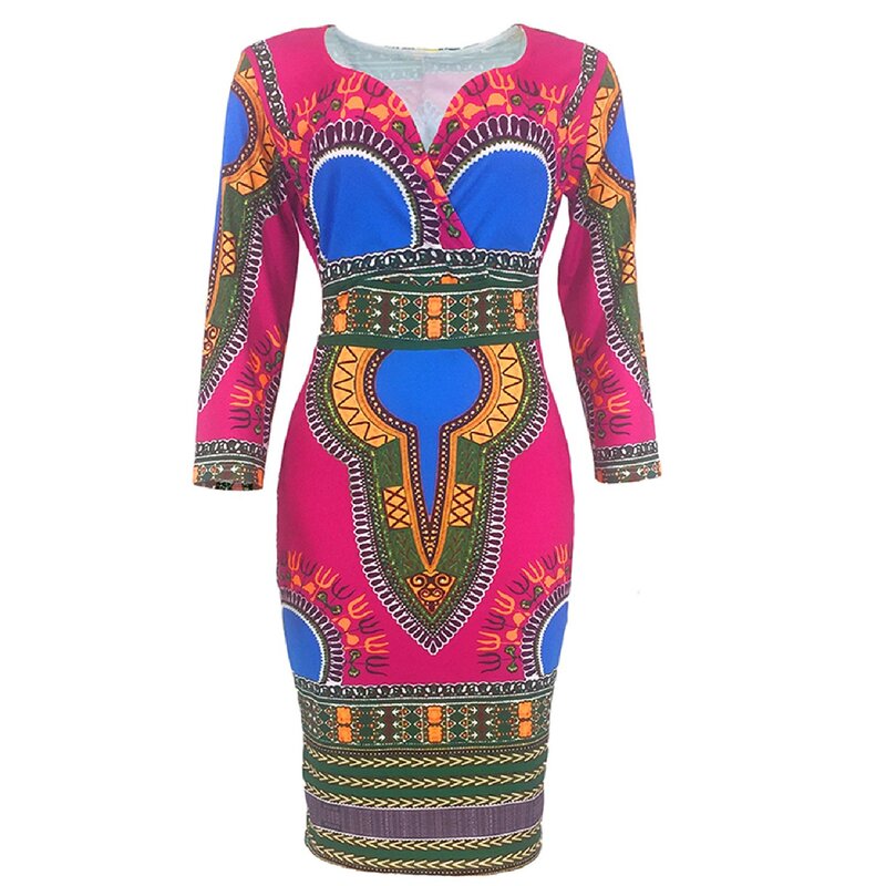 Vestido com estampa estilo étnico feminino, apertado com decote em v, saia linha A, roupas femininas africanas, pacote quadril, nova moda, 2022