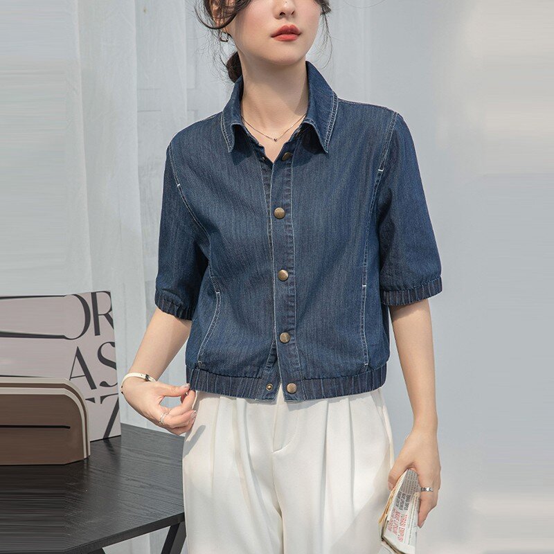Camisa jeans casual feminina, estilo coreano, gola virada para baixo, tops soltos de meia manga feminina, camisas de verão, nova chegada, W1758, 2021