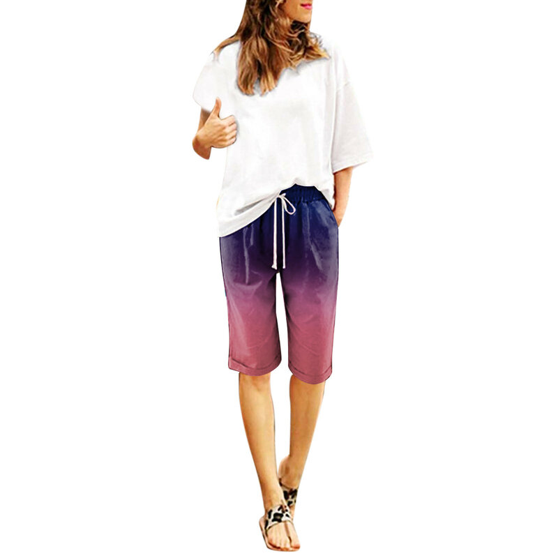 Calções de algodão de cintura alta gradiente feminino, moda praia verão, calças de cinco pontos, novo, 2024