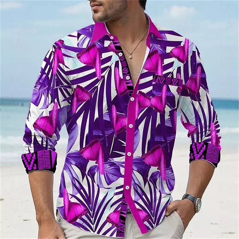 Camisa con cuello de hoja impresa en 3D para hombre, botones de bolsillo de moda, camisa hawaiana, club de fiesta al aire libre, ropa de talla grande, nueva