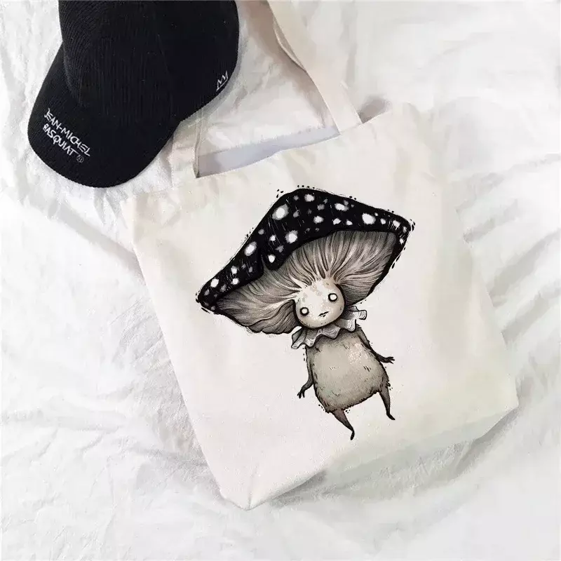 TOUB025 tas kanvas wanita, kantung Tote belanja bahan kanvas lucu jamur Eco, dapat digunakan kembali