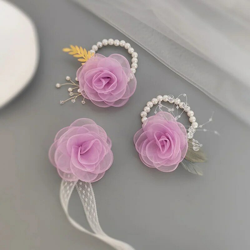 Matrimonio polso fiore ragazze damigella d'onore perla pizzo rosa corpetto braccialetto tessuto da sposa mano fiore Prom accessori per gioielli da festa