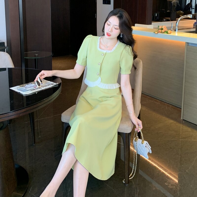 2024 Summer New French Chic Shirt-Collar Slimming Top e Midi gonna Dress, due pezzi Summer Co-ord Set per donna Office Lady