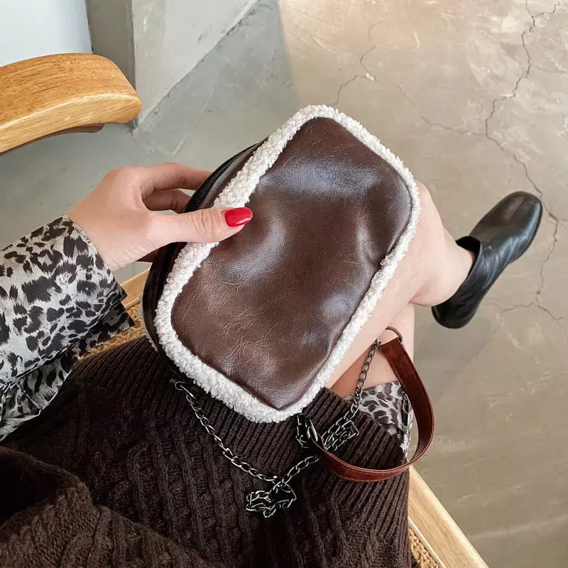 Patchworkowy łańcuszek Mini torby torebka na ramię w eleganckich zakupach zimowych damski Retro z klapką crossbody Ulzzang Chic